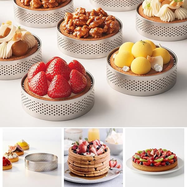 Åtte terteformer, 8 cm i diameter, laget av 430 rustfritt stål; dessertringer, 8 cm; paiformer; perforerte muffinsringer for baking