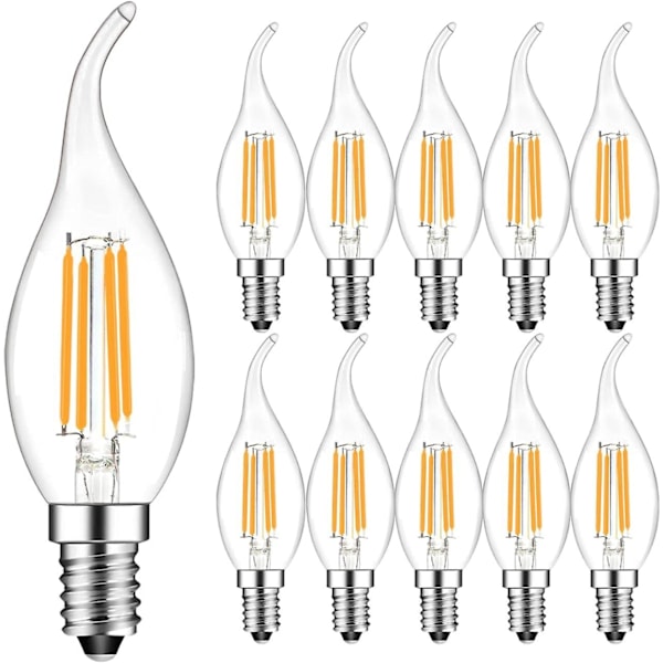 Pakke med 10 stk. 4W E14 LED Filament Pære Flammelys 2700K Varmt Hvidt, 360 Graders Strålevinkel, Ikke-Dæmpbar [Energiklasse F]-Perfet