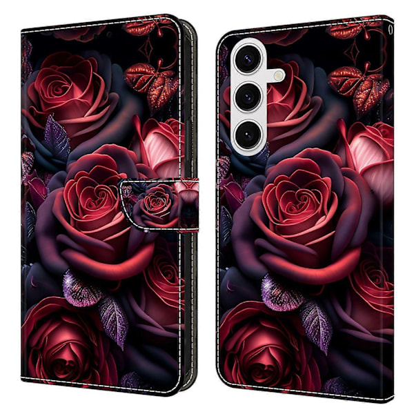 Yhteensopiva Samsung Galaxy S25 Lompakkokotelon kanssa, kuvioitu, seisontatuellinen nahkainen suojakotelo - Floral Butterfl-Perfet Black Rose