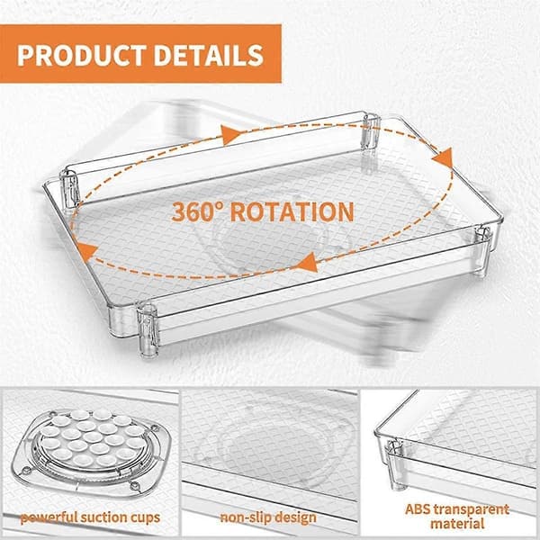 Kylskåpskarusell Organizerbricka med Sugkopp Transparent Kylskåpsförvaringsställ 360 Roterbar-Perfekt