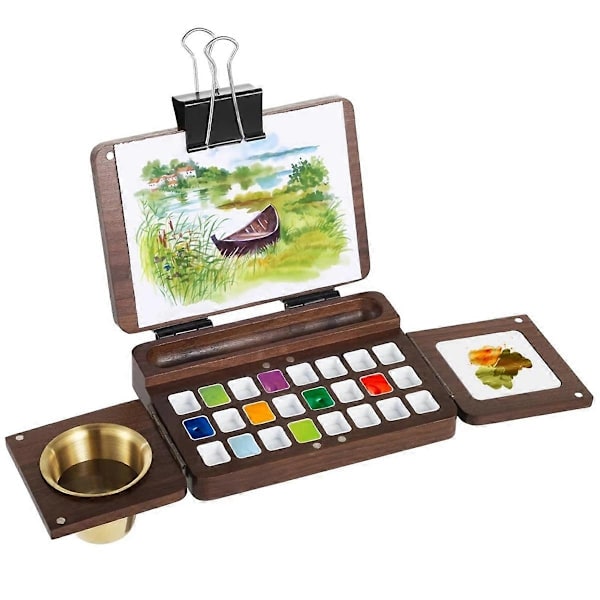 24 Rums Træ Akvarel Palette Valnøddetræ Rejse Akvarel Palette Foldbar Tom Palette Boks Malingsbakke - Perfekt