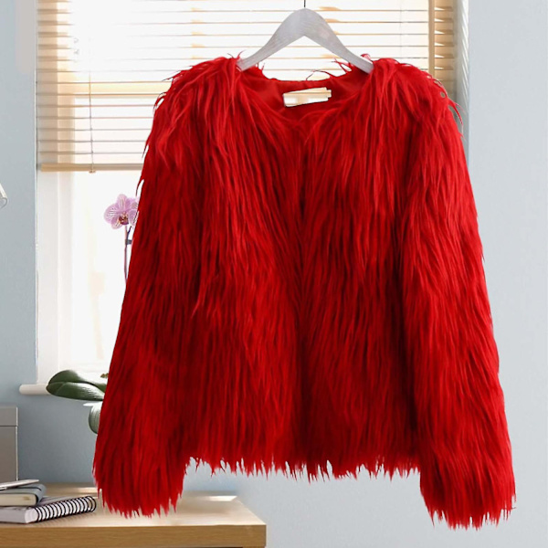 Kvinnors konstgjorda päls varm kappa bekväm enfärgad kort kappa kofta för vardaglig dejting utgående-Perfekt Red XL