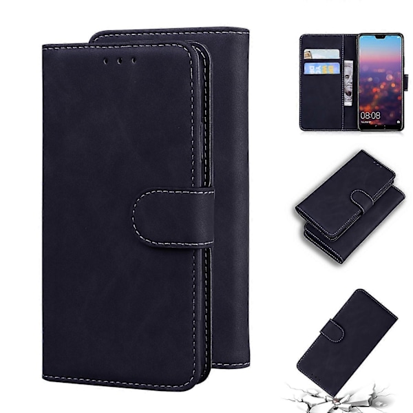 Yhteensopiva Huawei P20 kanssa, ihon tuntuinen, puhdasvärinen, läppä nahkainen puhelinkotelo - Perfet Black