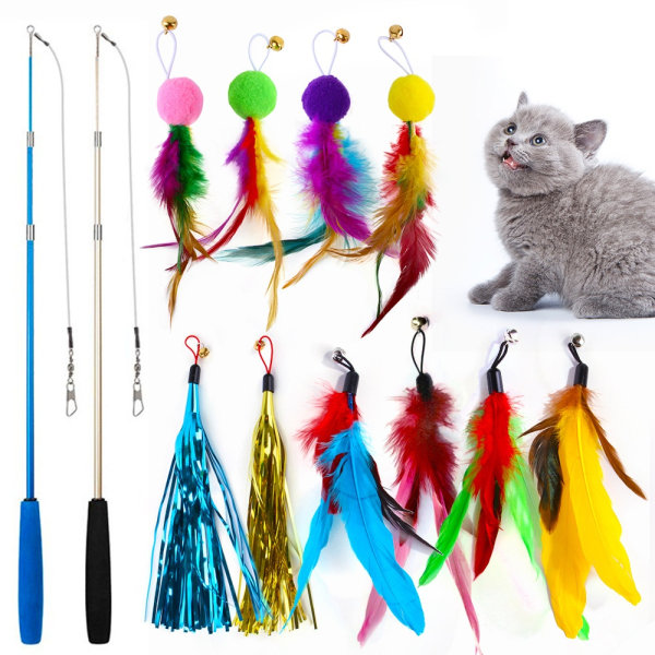 12 STK Cat Feather Legetøj, Stick Toy Cat Fiskestang med 2 STK I