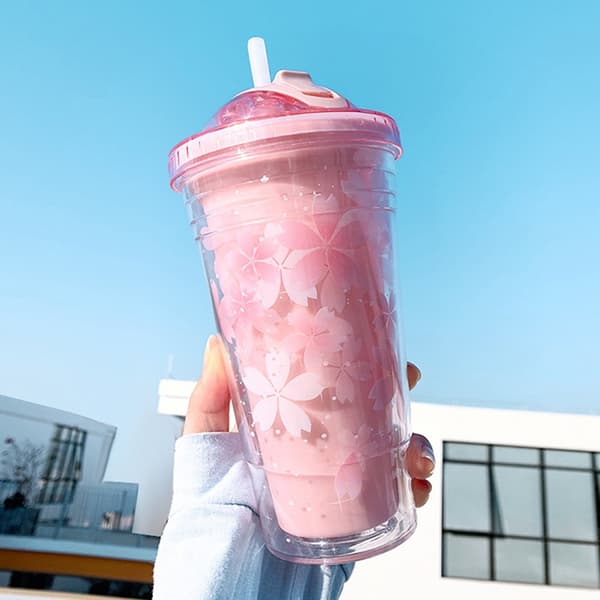 480 ml Sakura muovimuki pillillä ja kannella BPA-vapaa tupla valinta - Perfet Pink