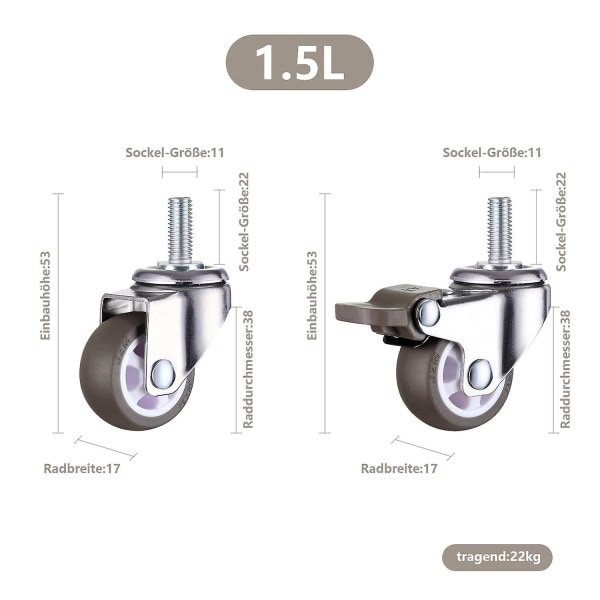 M8 gängad stamgummi kraftigt hjul för handvagn, arbetsbord, möbelhjul, 1,5 tum, gängdiameter: 8 mm, längd 20 mm, 2 st Wi - Perfet