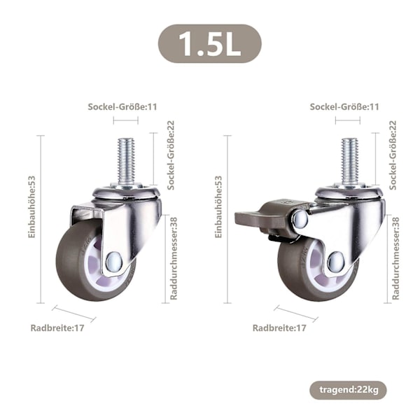 M8-kierrevarrella varustettu kumipyörä käsikärryyn, työpöytä, huonekalupyörä, 1,5 tuumaa, kierteen halkaisija: 8 mm, pituus - täydellinen