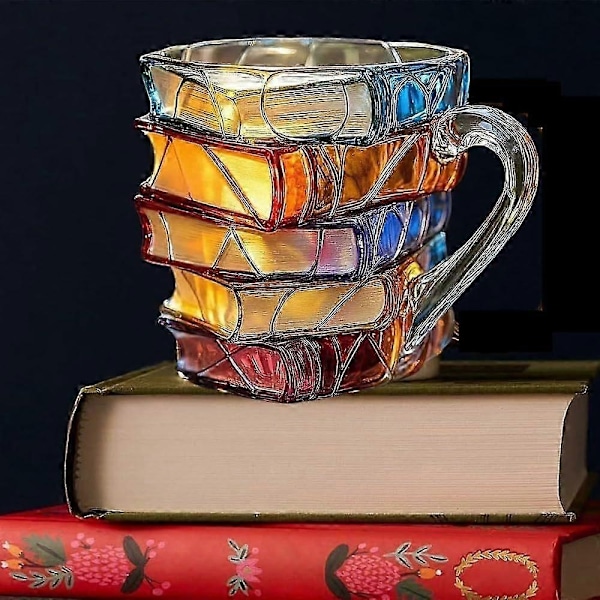 Målad Bokmugg, Handgjord Färgad Glas Bok Kaffemugg, Originell Unik Färgglad Akryl Böcker Stapelformad Kaffekopp Gåvor till Bokälskare - Perfekt A