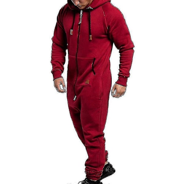 Mænds Enkeltdel Hoodie Lynlås Jumpsuit Vinter Casual Hættetrøje Bodysuit Jumpsuit - Perfekt Wine Red M