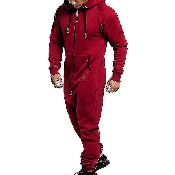 Männs En-delad Huvtröja med Blixtlås Jumpsuit Vinter Casual Huvad Bodysuit Jumpsuit - Perfekt Wine Red M
