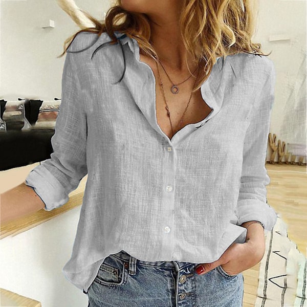 Løse linskjorter og bluser for kvinner med klassisk enkelknepping - Perfekt Gray XL