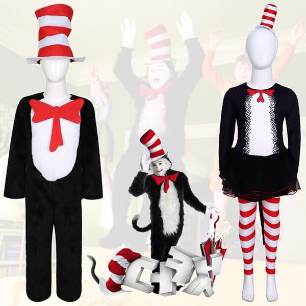 En röd- och vitrandig katt-cosplaydräkt med hatt. Hat wearing cat short sleeved 130