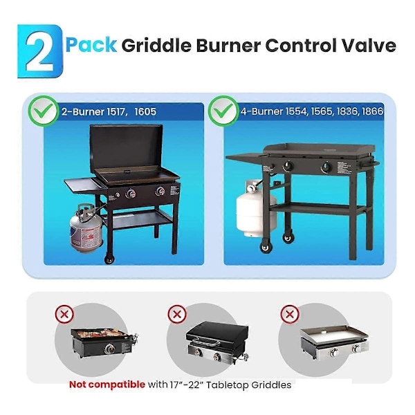 2-pak Griddle Brænder Kontrolventil til BBQ Griddle, Griddle Gasventil Dele Udskiftning - Perfekt