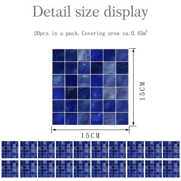 20 kpl 3D-mosaiikkilaattoja kiinnitetty itseliimautuvalla kodin sisustuksessa - Perfet 9# Dark Blue 15x15cm
