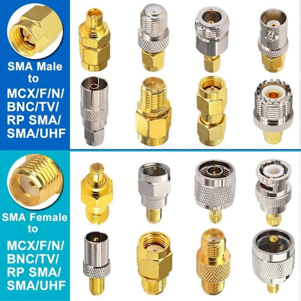 16 Type SMA-stik SMA-adapterkits SMA til MCX/TV/F/BNC/UHF/RP-SMA Lige Type Nikkel Guld Pla-Perfet