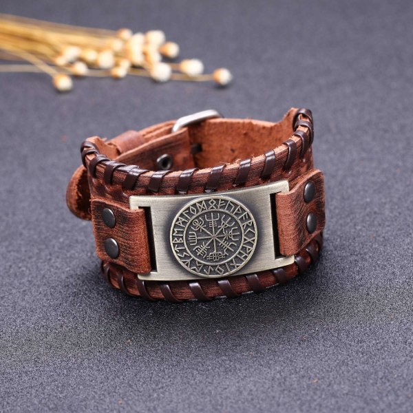 Nordic Viking Rune Läderarmband, isländsk Vegvisir Symbol för lycka och välsignelser, (Äkta Läder Bred Brun Antik Brons) - Perfet