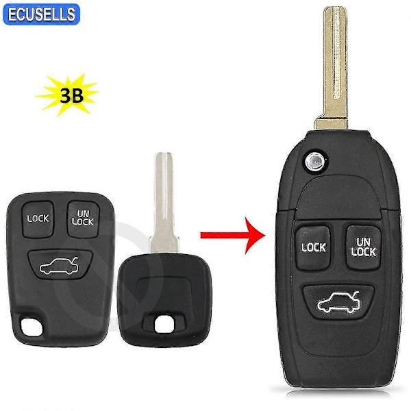 Nyckelskal med 3 knappar, bilnyckel, uppgradering för Volvo C70, S40, S60, S70, S80, S90, V40, V70, V90, Xc70, Xc90, ej skuren kniv - Perfekt