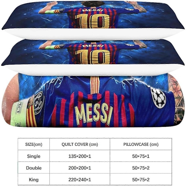 3D Messi Sengesett for Gutter og Tenåringer Lionel Dynetrekk, Mikrofiber Dynetrekk med Glidelåslukking 3 Deler Doble Putetrekk - Perfekt Double200x200cm