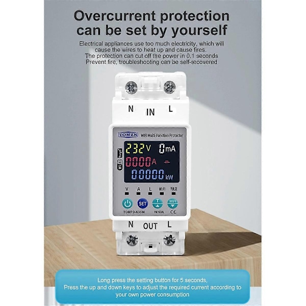 TOMZN 2P 63A 110V 220V TUYA WIFI Bryter Kwh Måler Strømbryter Timer med Spenning Strøm og Lekkasjebeskyttelse-Perfekt