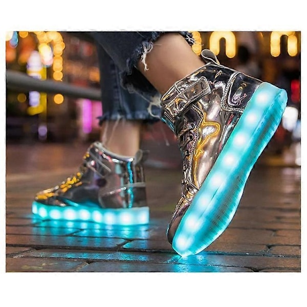 Højtop-sneakers til mænd og kvinder, lysende sko, børnesko med LED-lys, spejlskinnende læderpaneler, store størrelser 25-46 - perfekt Pink 36-Foot length 23.0cm