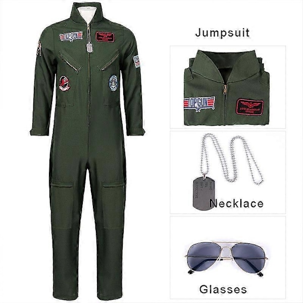 2024 Voksen Mænd Fighter Pilot Kostume Luftvåben Flydragt Cosplay med Briller Halskæde Hærgrøn Militær Pilot Jumpsuit Halloween-Perfet L