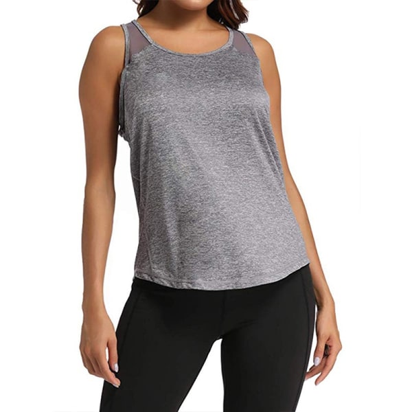 Kvinder afslappet ærmeløs mesh-syning Yoga Fitness T-shirt - Perfet gray,L