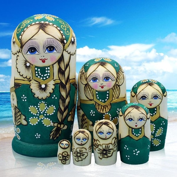 7 stk Sød grøn sweater fletning pige russiske Nesting Dolls Matryoshka legetøj- Perfet