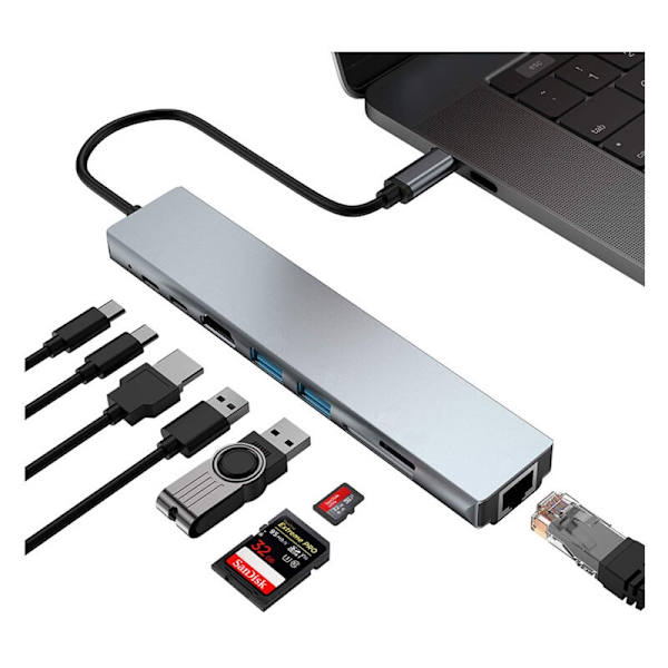 USB C Hub Adapter, 8 i 1 Mac Tillbehör USBC Adapter 4K HDMI, Ethernet, 2 USB 3.0, SD/TF Card Reading-Perfet