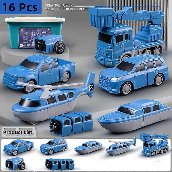 Magnetisk Transformerande Ingenjörsbil Monteringsleksaker - Perfekt Blue 16 piece set