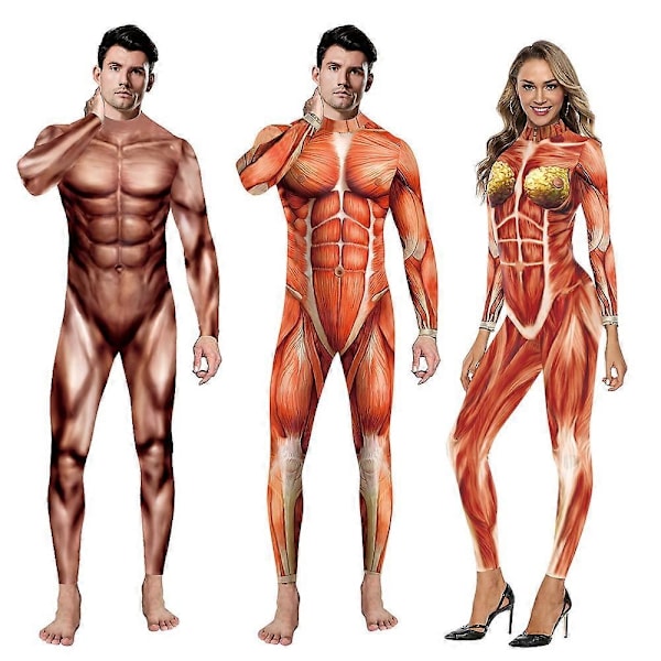 Halloween Cosplay Kostumer til Mænd Kvinder 3D Printet Muskel Menneskelig Anatomi Krop Bodysuit Jumpsuits-Perfet Style-A XL