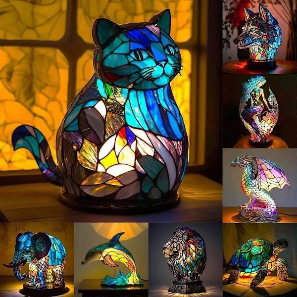 Dyr Bordlampe Serie Farget Glass Nattlys Retro Bordlampe - Perfekt Wolf