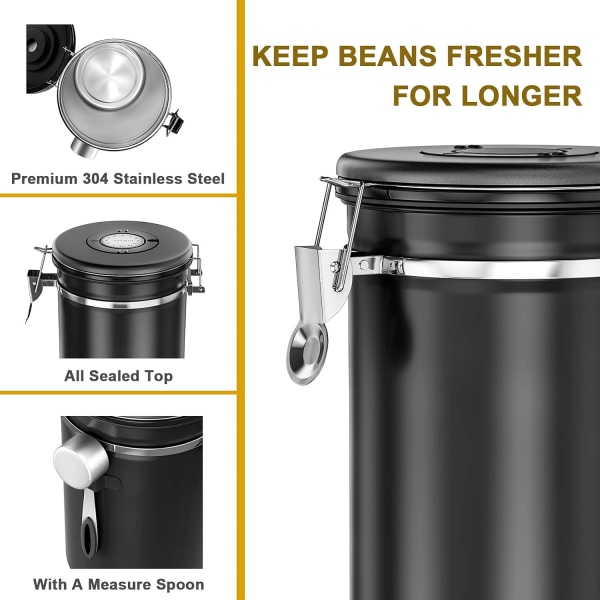 Airtight kaffeburk 1 kg - rostfri kaffebönbehållare med CO2-ventil - med mätsked (2,8 L svart) - Perfet