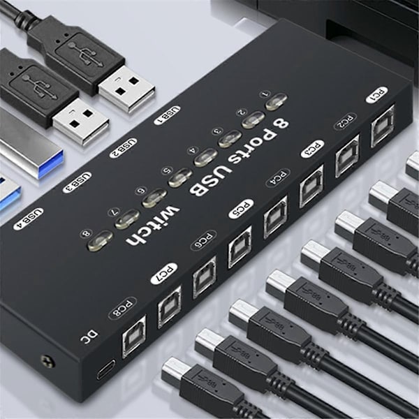 8 ind 4 ud USB KVM Switch USB KVM Switcher Kompatibel med Windows10 Computer PC Tastatur Mus Printer Delingscontroller - Perfekt