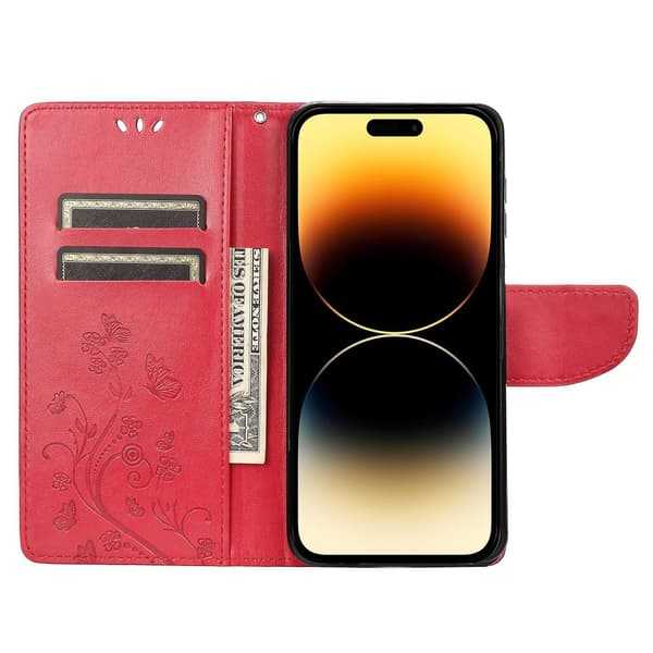 Butterfly Flower PU Etui Kompatibelt med iPhone 14 Pro-Perfet Red