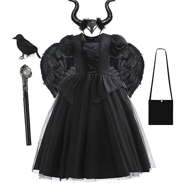 Disney Tyttöjen Maleficent-Mekko Lapsille Paha Kuningatar Keiju Halloween-Puku Lapsille Demoni Kuningattaren Vaatteet Karnevaali Musta Noita Mekko-Täydellinen Maleficent Dress E 3T (Tag 110)