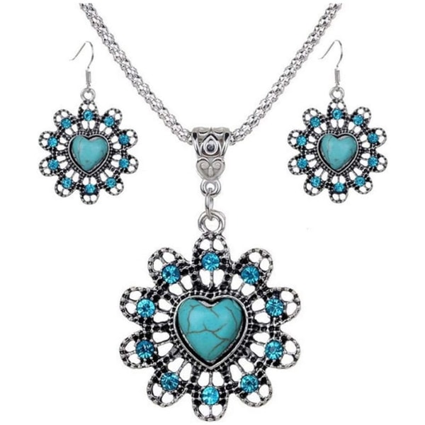 Retro Hollow Crystal Flower Heart Shaped Imitation Turquoise Necklace Earrings Jewelry Set - Perfet