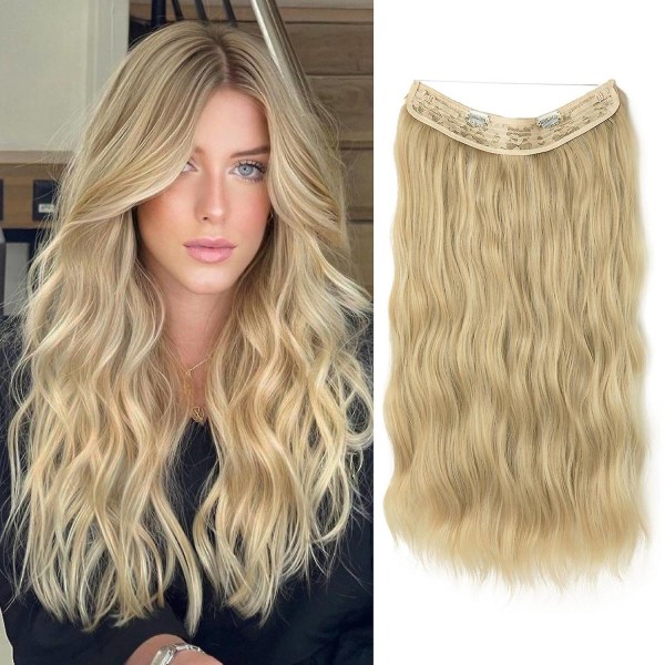 Halo Hair Extensions Usynlig tråd Bølget krøllete lange syntetiske hårstykker for kvinner Justerbart pannebånd - Perfet 22613 24 inch