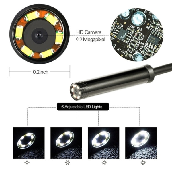 7 mm 6 LED-endoskooppi, vedenpitävä boreskooppitarkastuskamera - täydellinen 1m