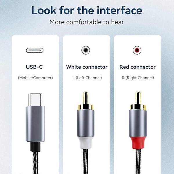 USB Typ C till 2RCA Kabel Stereo Ljudöverföring Guldpläterade Kontakter Sladd för Mixerkonsoler-Perfet 3m