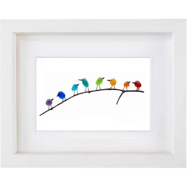 Havglas Regnbue Fugl, Havglas Kunst, Havglas og Drivtømmer Billede, Regnbue Fugl Væghæng - Perfekt White Frame 8 Birds
