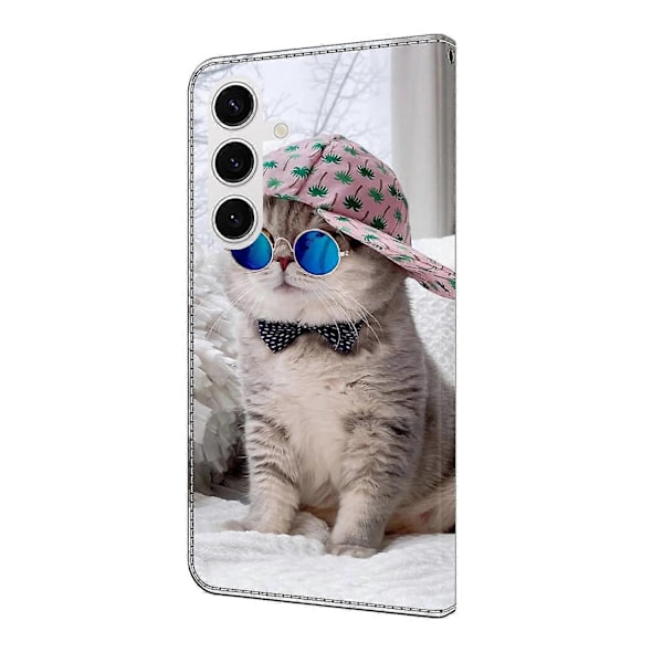 Kompatibel med Samsung Galaxy S25 Lommebok Etui Mønstertrykk Stativ Lær Flip Telefondeksel - Floral Butterfl-Perfet Hat Cat