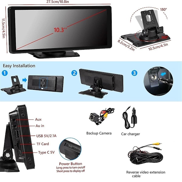 10,26 tommer trådløs Carplay & Android Auto Stereo med AHD bakkamera, bærbar bilradio Bluetooth spejllink-Perfet