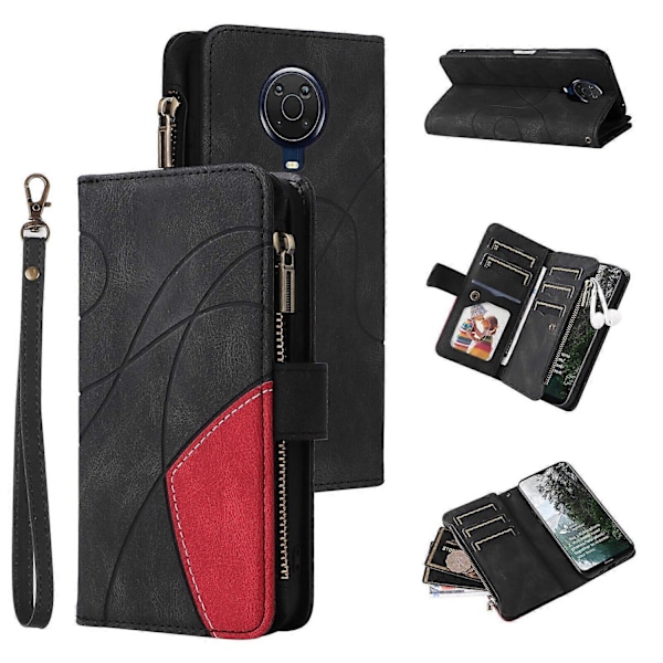 Plånboksfodral för Nokia G20/G10 med blixtlåsficka, nio kortplatser, PU-läder, magnetiskt spänne, kompatibel med Nokia G20/G10 - Perfekt Black