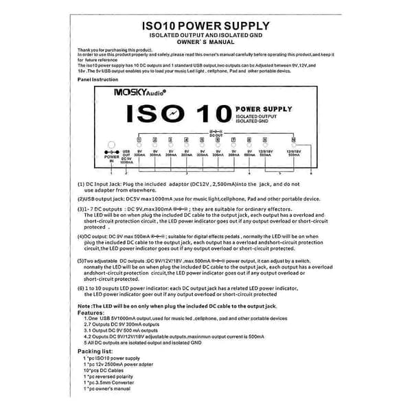 -10 Gitarr Effekt Pedal Strömförsörjning 10 Isolerade DC Utgångar/ 5V USB Utgång, Skydd Gitarr Tillbehör-Perfekt