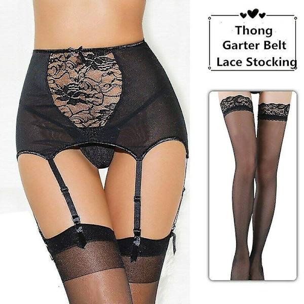 Sexiga underkläder i spets för damer, hög midja, strumpebandshållare, set med strumpor i stora storlekar - Perfet Black With Stockings M