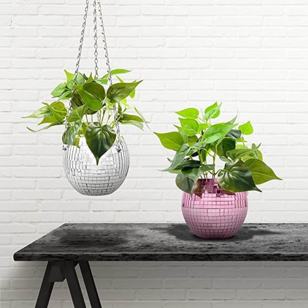 Spejl Disco Kugle Hængende Plantekar Kurv Skinnende Urtepotte Vindue Planteholder - Perfet Green 20cm