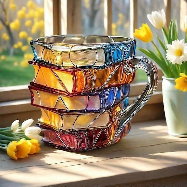 Målad Bokmugg, 2025 Ny 3D-målad Glasbokmugg för Varma Eller Kalla Drycker, Nya Böcker Staplade Formade Kaffemuggar Presenter till Bokälskare Läsare-Perfekt 1PCS
