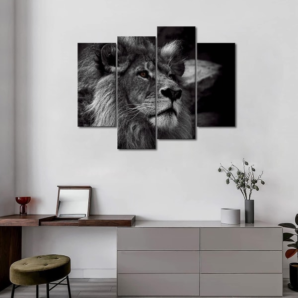 2023,løvebilleder Lærred 4 stykker billede Sort og hvid dyrevægbilleder Stue Moderne til soveværelse Indretning Lejlighed - Perfet