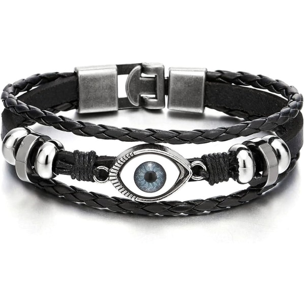 mäns treradiga läder mäns svarta onda öga pärlor berlocker Armband Wrap Armband - Perfet