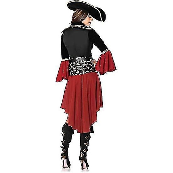Kvinders 3-delt Cruel Seas Pirate Captain Kjole Kostume med Fastgjort Sash, Bælte, Hat, Sort/Burgunder-Perfet 2XL